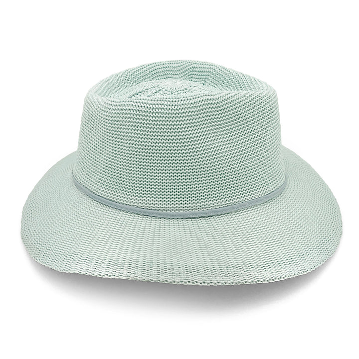 Jacqui Mannish Hat in mint blue colour, side profile showing wide brim and tailored silhouette