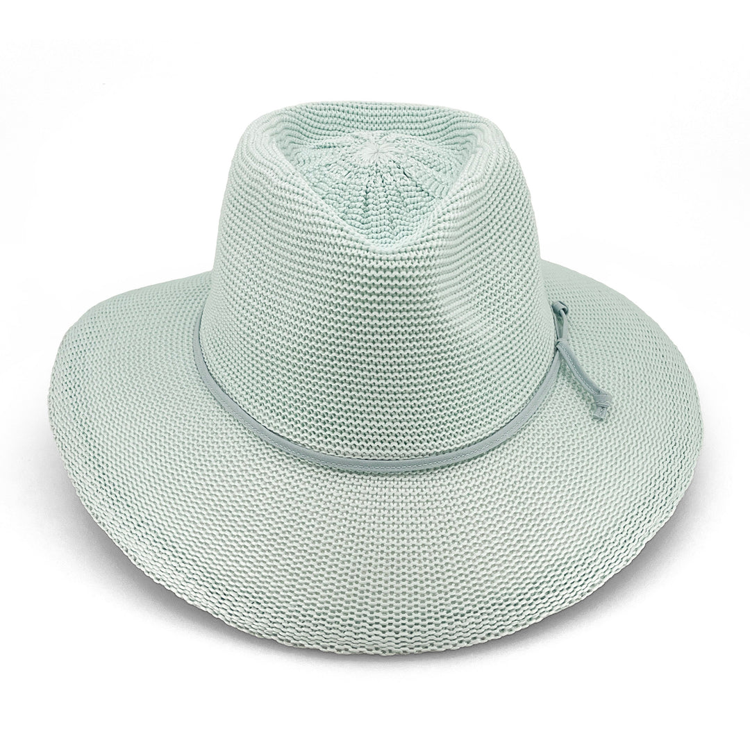 Jacqui Mannish Hat in mint blue colour, front view highlighting defined crown and sun-protective wide brim