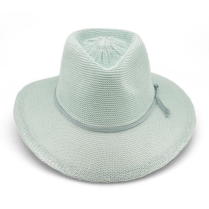 Jacqui Mannish Hat in mint blue colour, front view highlighting defined crown and sun-protective wide brim