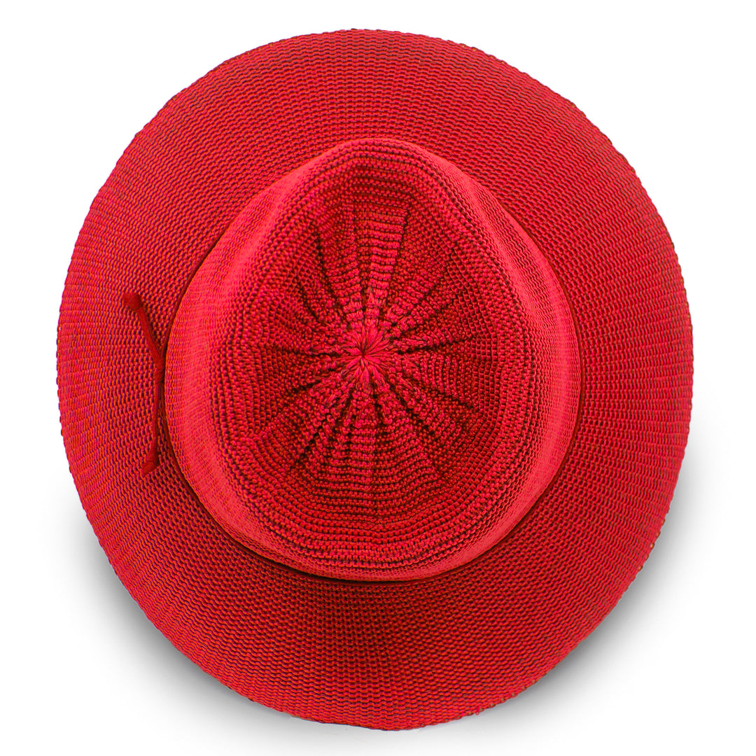 Jacqui Mannish Hat in poppy colour, top view displaying crown structure and smooth texture