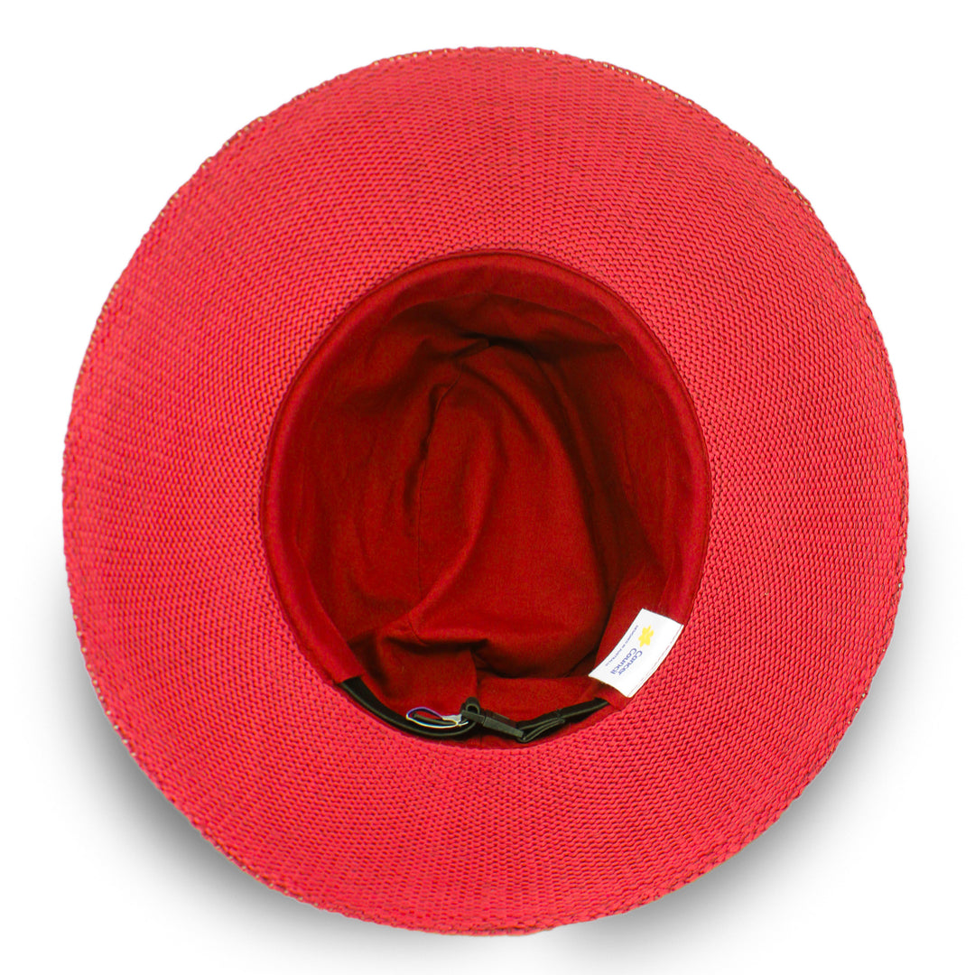 Jacqui Mannish Hat in red poppy colour, underside of brim showing interior finish and detailing