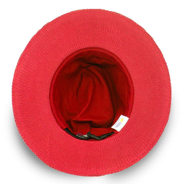 Jacqui Mannish Hat in red poppy colour, underside of brim showing interior finish and detailing