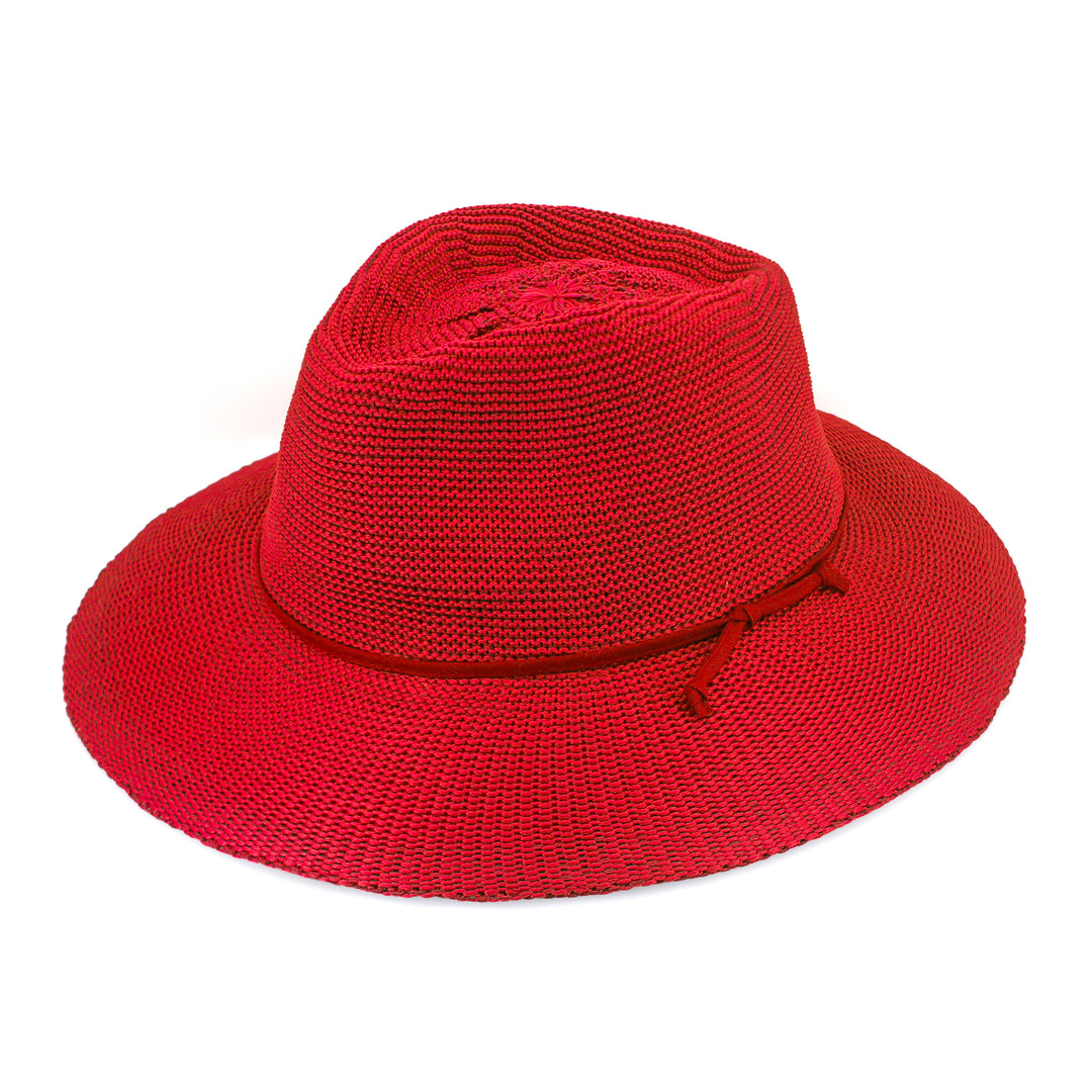 Jacqui Mannish Hat in red poppy colour, angled product view showing structured crown and wide brim
