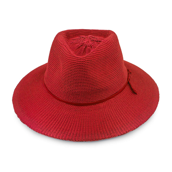 Jacqui Mannish Hat in red poppy colour, front view highlighting defined crown and wide brim