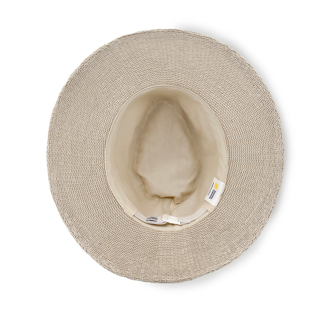 Jacqui Mannish Hat in stone colour, underside of brim showing interior finish, stitching detail, and built-in size adjuster
