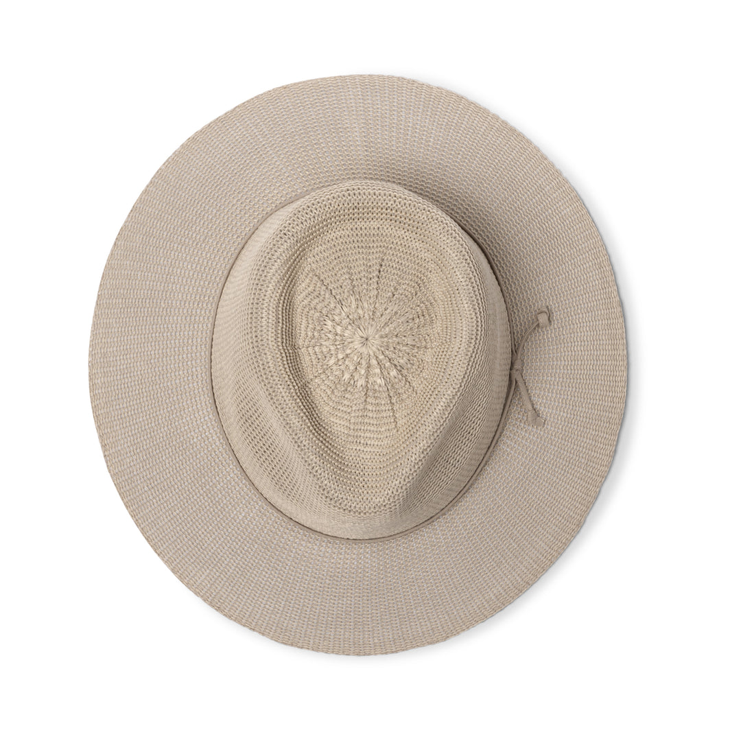 Jacqui Mannish Hat in stone colour, top view displaying crown structure and smooth texture