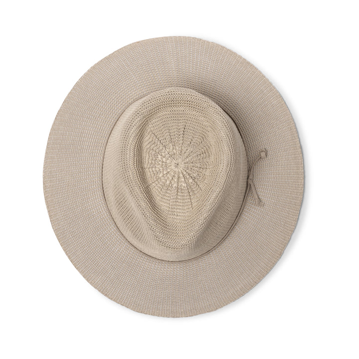 Jacqui Mannish Hat in stone colour, top view displaying crown structure and smooth texture