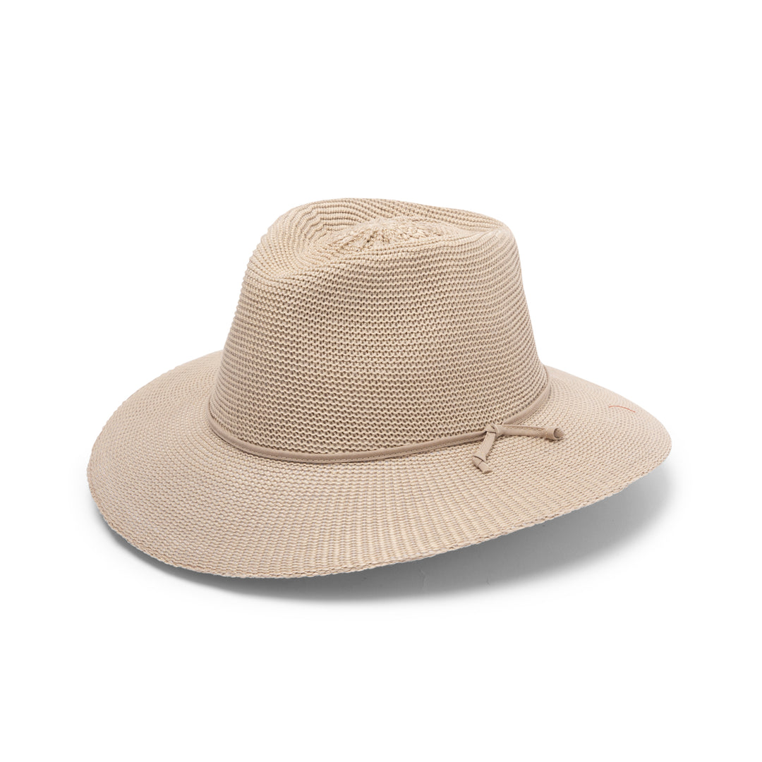 Jacqui Mannish Hat in stone colour, angled product view showing structured crown and wide brim