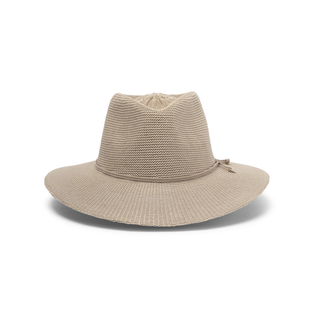 Jacqui Mannish Hat in stone colour, front view highlighting defined crown and sun-protective wide brim
