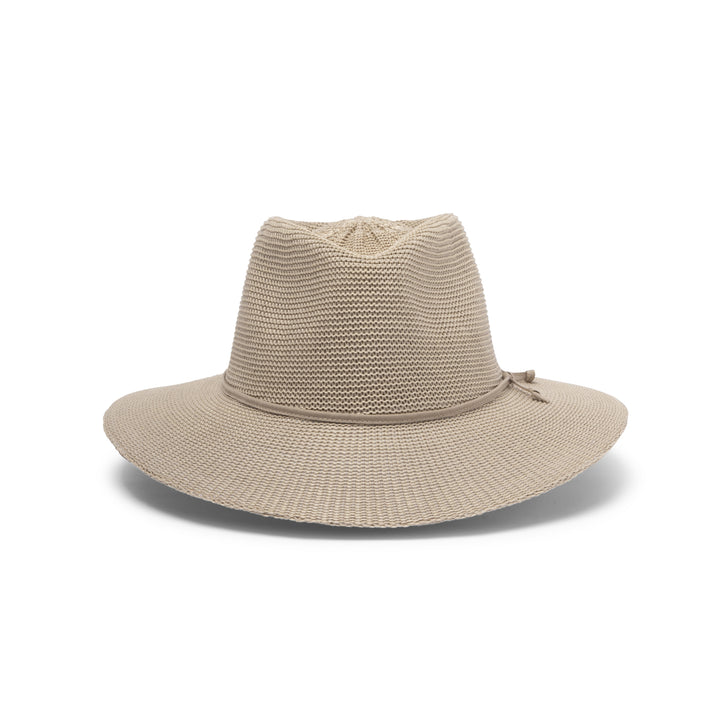 Jacqui Mannish Hat in stone colour, front view highlighting defined crown and sun-protective wide brim
