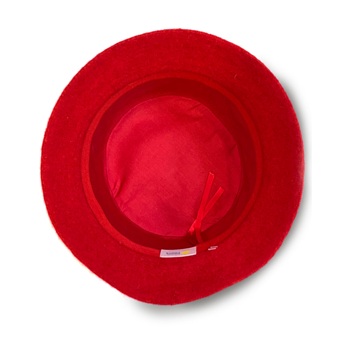 Isadora Bucket Hat in red colour, underside of brim showing stitching and size adjuster