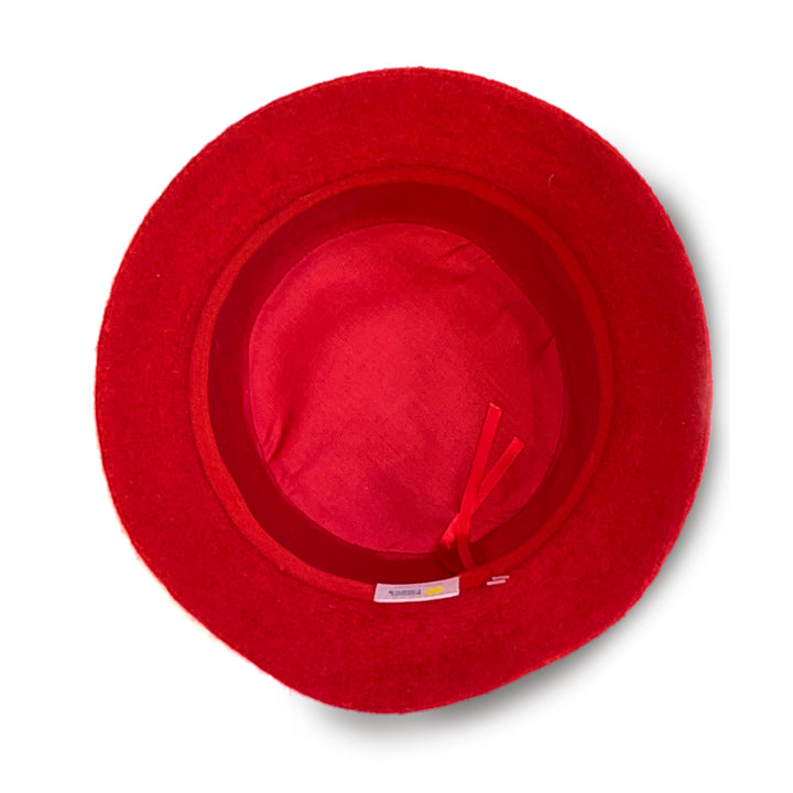 Isadora Bucket Hat in red colour, underside of brim showing stitching and size adjuster