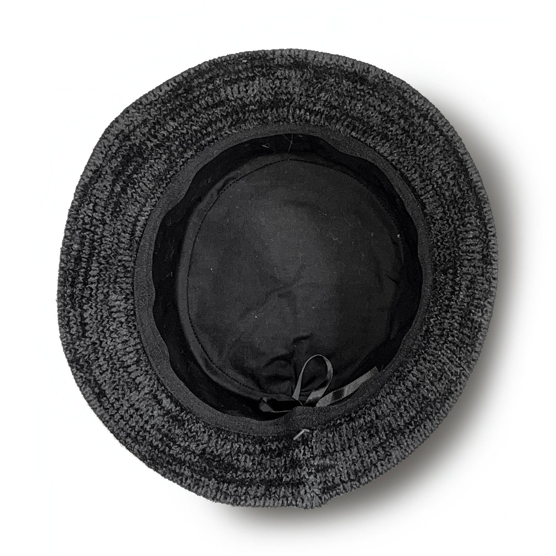 Jordan Bucket Hat in black soft wool, underside of brim showing stitching and size adjustment