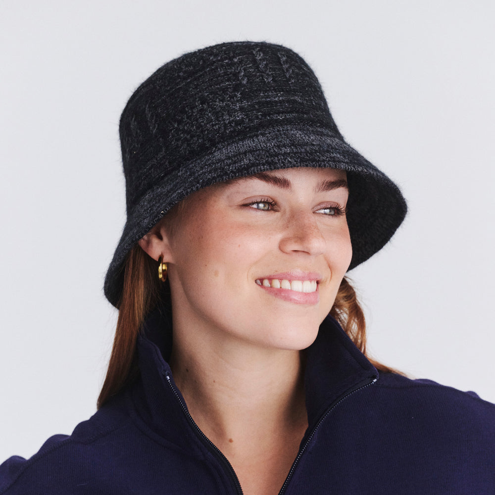 Female model wearing Jordan Bucket Hat in black soft wool, three-quarter angle highlighting fit and soft silhouette