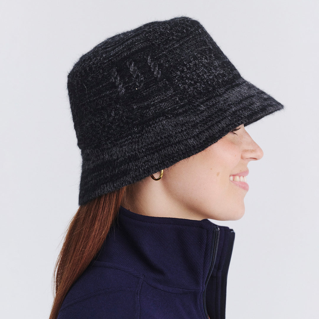 Female model wearing Jordan Bucket Hat in black soft wool, side profile showing brim coverage and relaxed shape