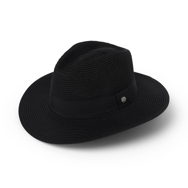 Café Fedora Hat in black colour, angled product view showing structured crown and wide brim