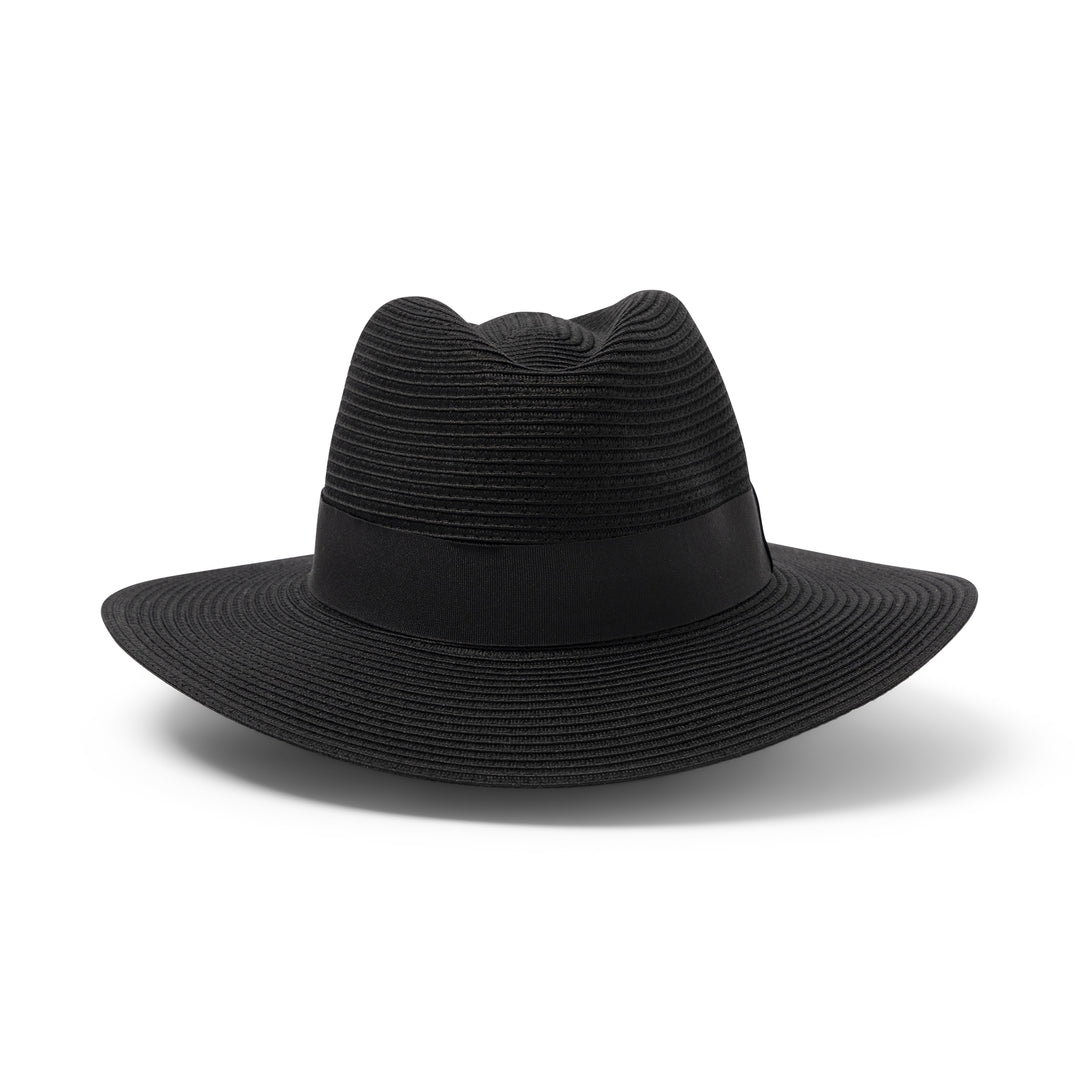 Café Fedora Hat in black colour, front view highlighting defined crown and sun-protective wide brim