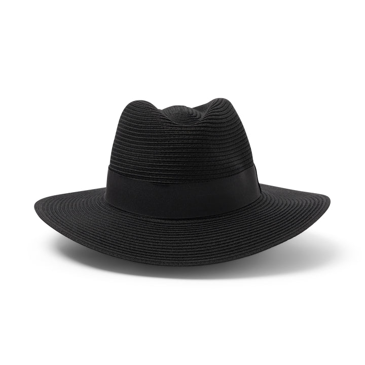 Café Fedora Hat in black colour, front view highlighting defined crown and sun-protective wide brim