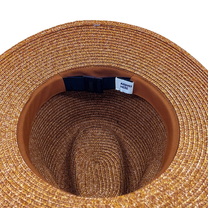 Cafe Fedora Hat in Cinnamon colour, underside of brim showing interior finish, stitching detail, and built-in size adjuster