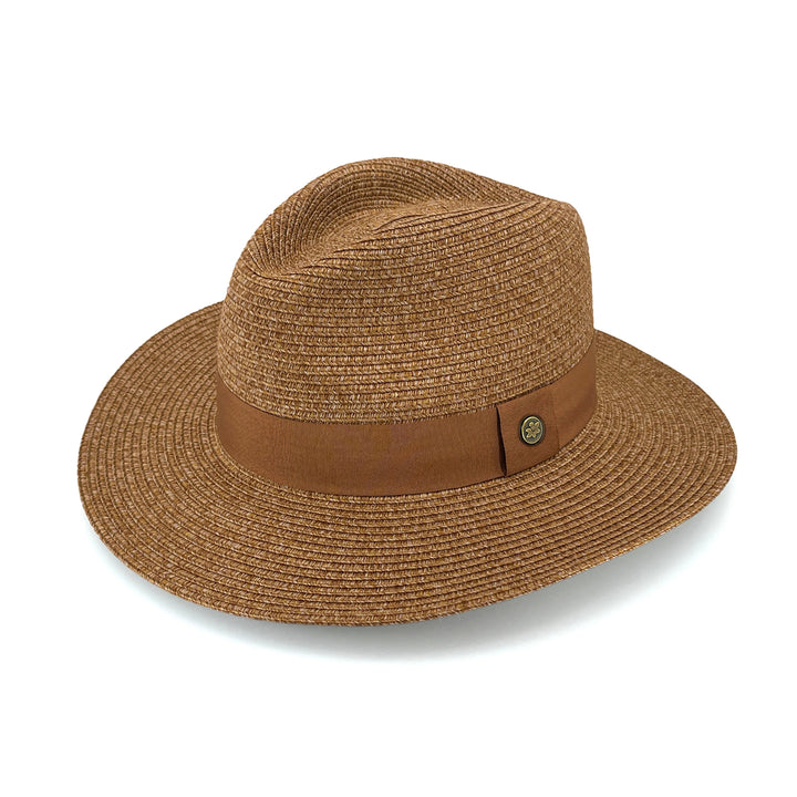 Cafe Fedora Hat in Cinnamon colour, angled product view showing structured crown and wide brim
