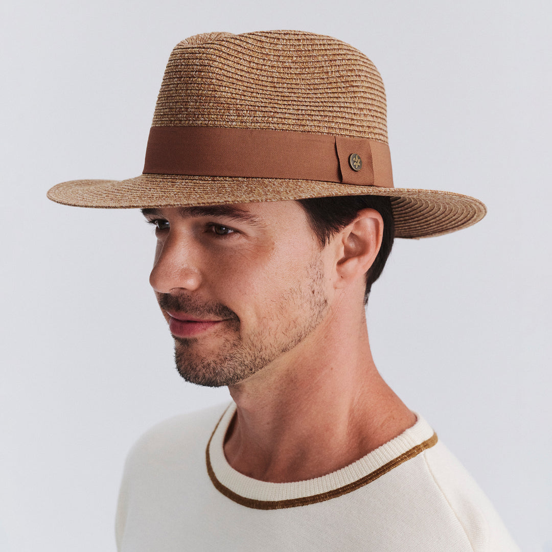 Male model wearing Cafe Fedora Hat in Cinnamon colour, three-quarter angle highlighting shape and silhouette
