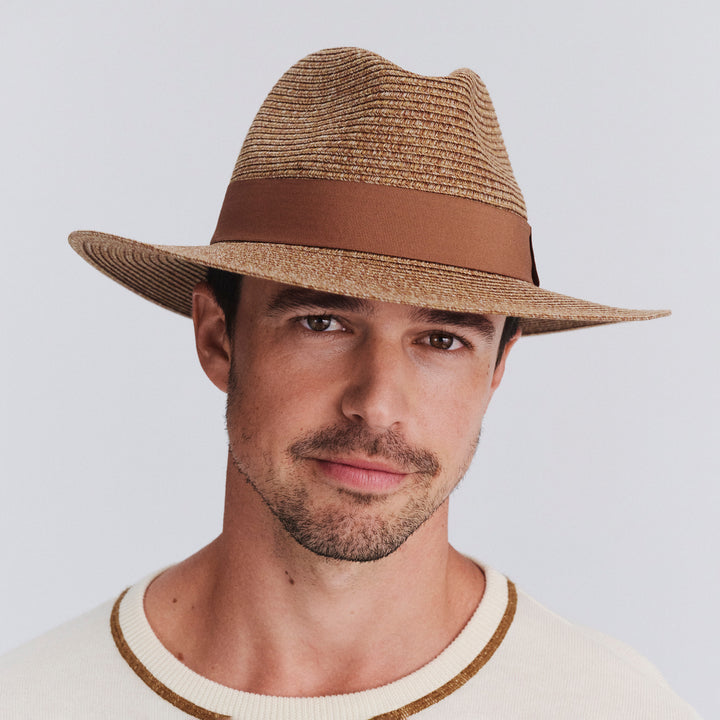 Male model wearing Cafe Fedora Hat in Cinnamon colour, front view showcasing fit and wide brim
