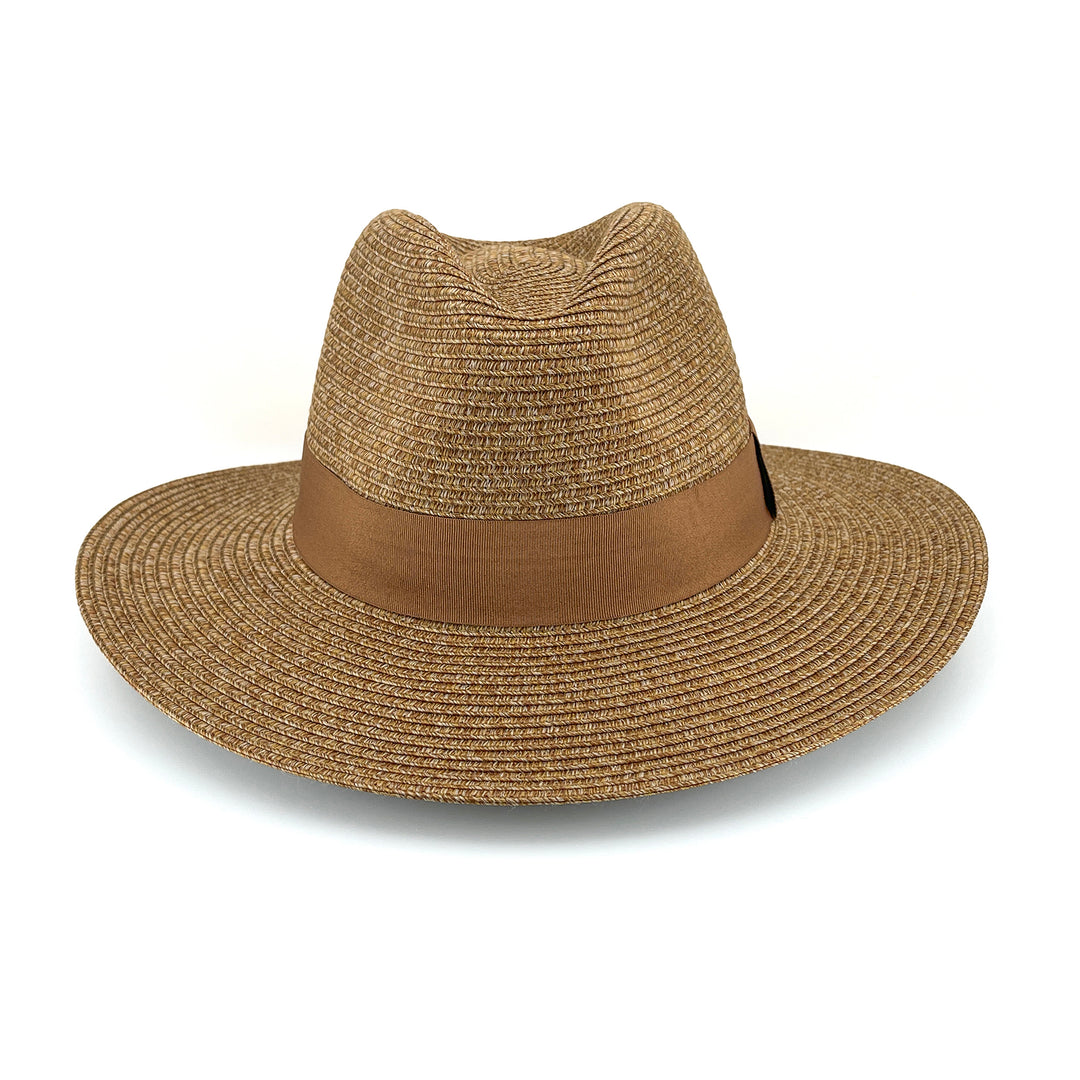 Cafe Fedora Hat in Cinnamon colour, front view highlighting crown shape and brim