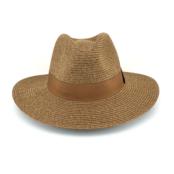 Cafe Fedora Hat in Cinnamon colour, front view highlighting crown shape and brim