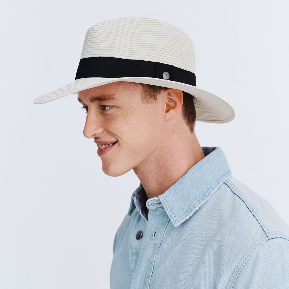 Cancer Council | Café Fedora Hat - Angle Lifestyle | Ivory | UPF50+ Protection