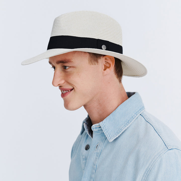 Cancer Council | Café Fedora Hat - Angle Lifestyle | Ivory | UPF50+ Protection