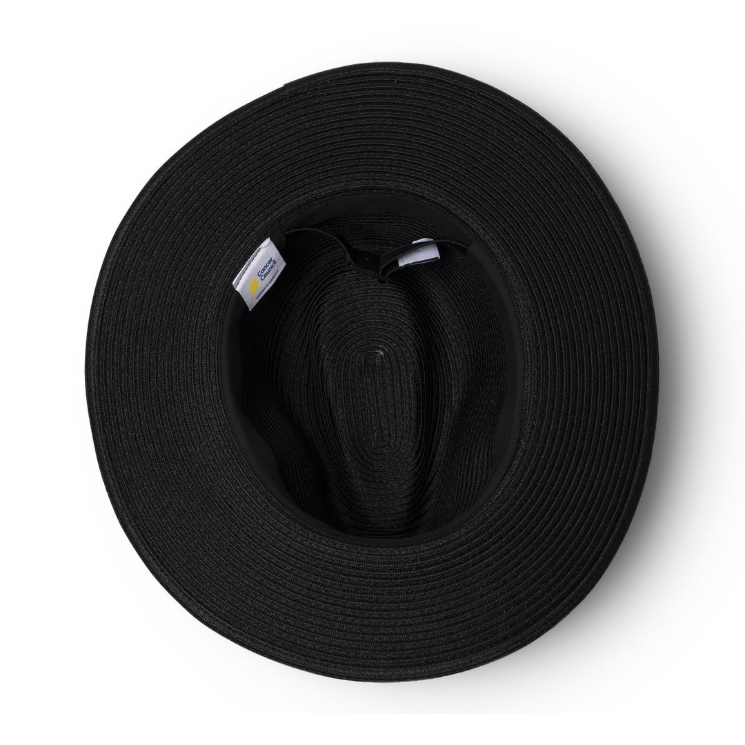 Café Fedora Hat in black colour, underside of brim showing interior finish, stitching detail, and built-in size adjuster