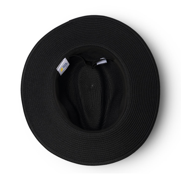 Café Fedora Hat in black colour, underside of brim showing interior finish, stitching detail, and built-in size adjuster
