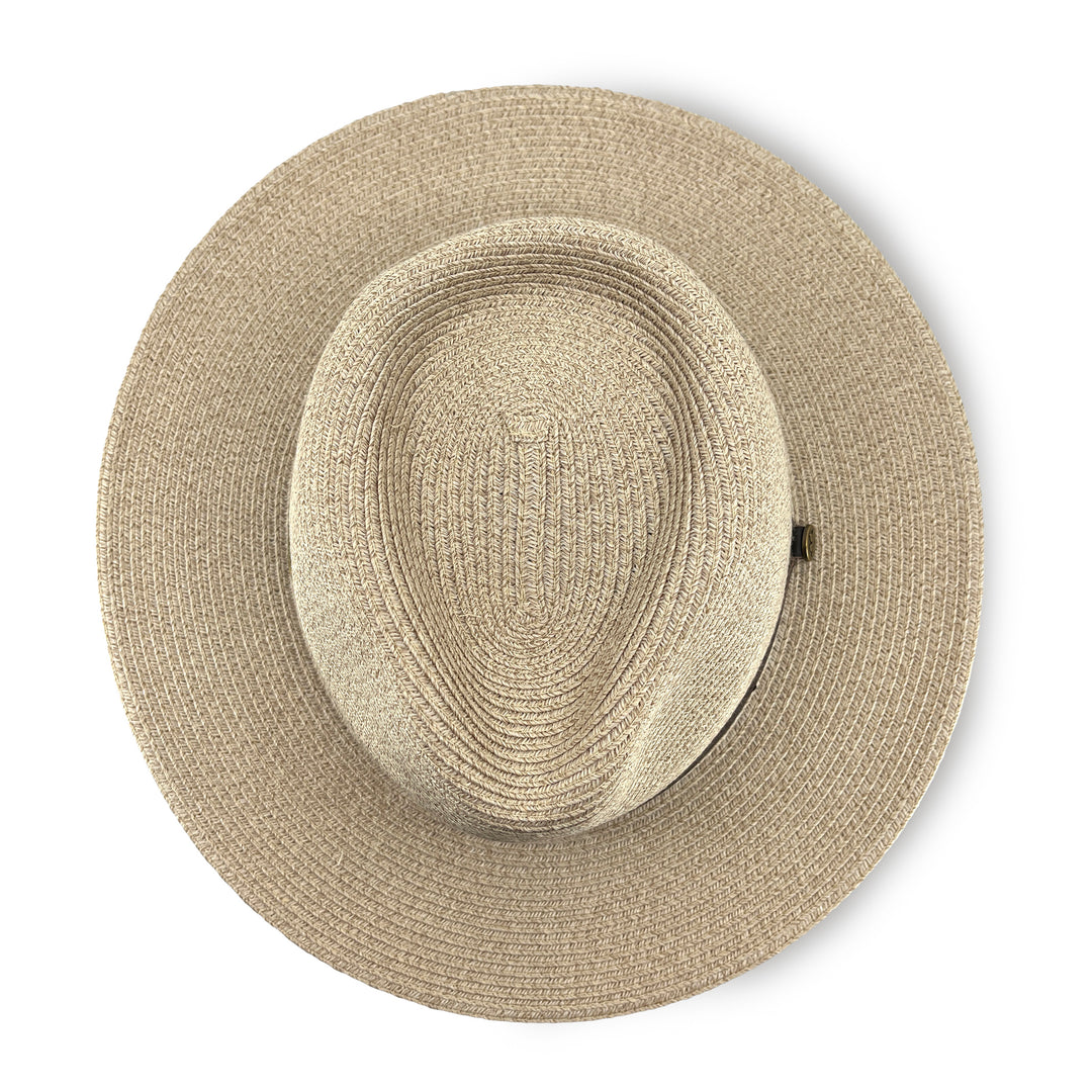 Darby Fedora Hat in camel mix colour, top view displaying crown shape and woven texture