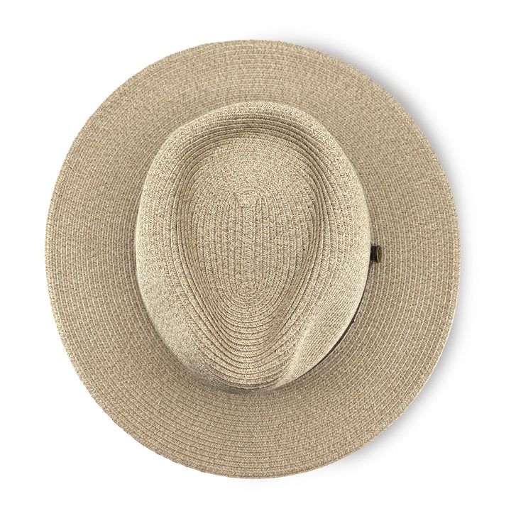 Darby Fedora Hat in camel mix colour, top view displaying crown shape and woven texture