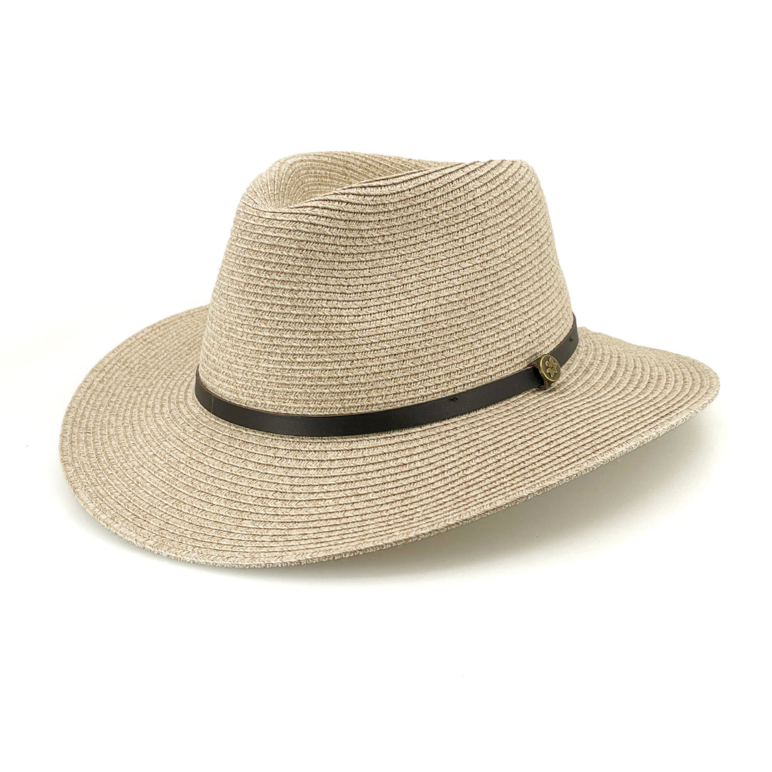 Darby Fedora Hat in camel mix colour, angled product view showing structured crown and wide brim