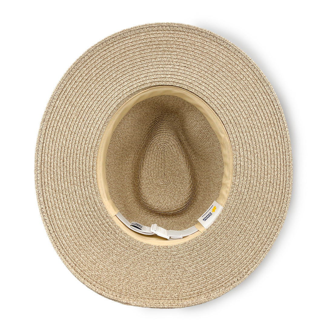 Darby Fedora Hat in camel mix colour, underside of brim showing interior finish, stitching detail, and built-in size adjuster