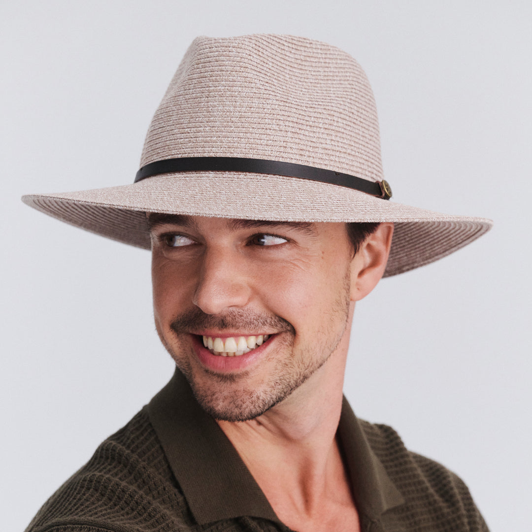 Model wearing Darby fedora hat in Camel Mix, front‑facing view