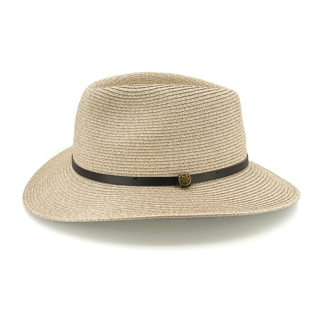 Darby Fedora Hat in camel mix colour, side profile showing wide brim coverage and classic fedora silhouette