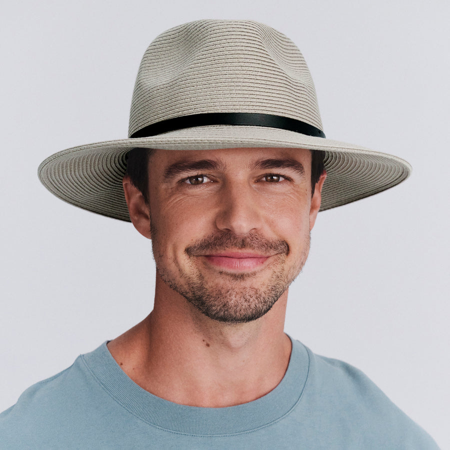 Model wearing Darby fedora hat in Stone, facing the front