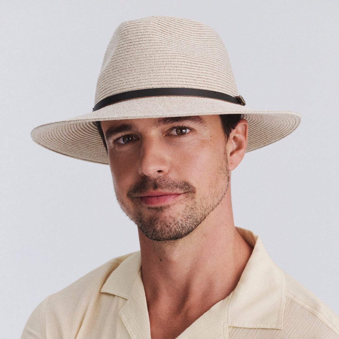 Male model wearing Darby fedora hat in Wheat, front‑facing view