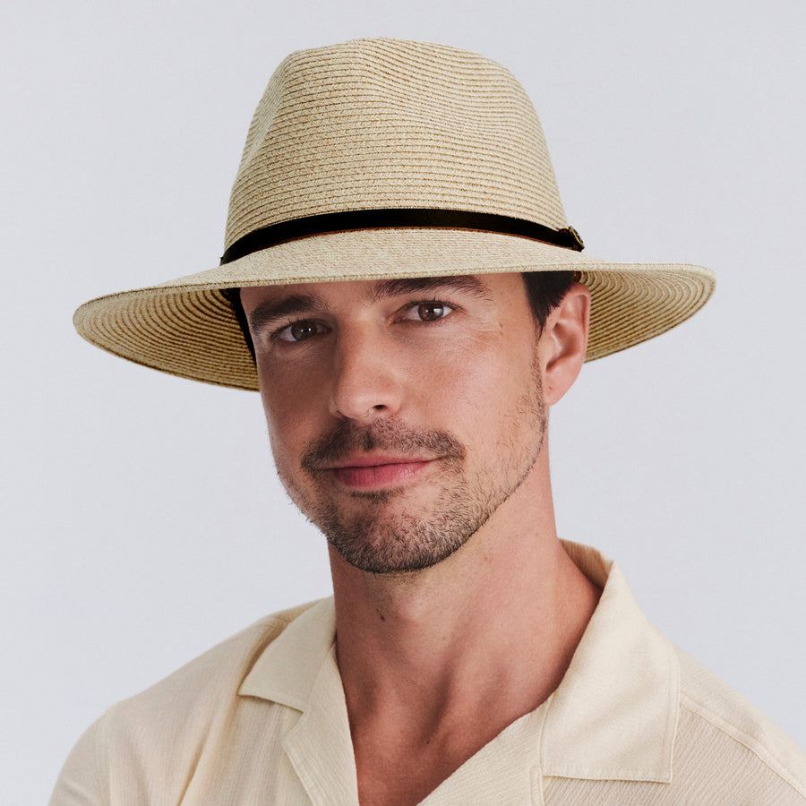 Male model wearing Darby fedora hat in Wheat, front‑facing view
