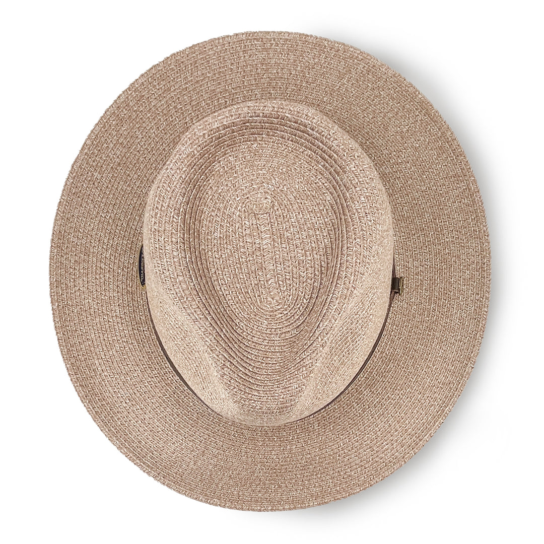 Darby Fedora Hat in wheat colour, top view displaying crown shape and woven texture