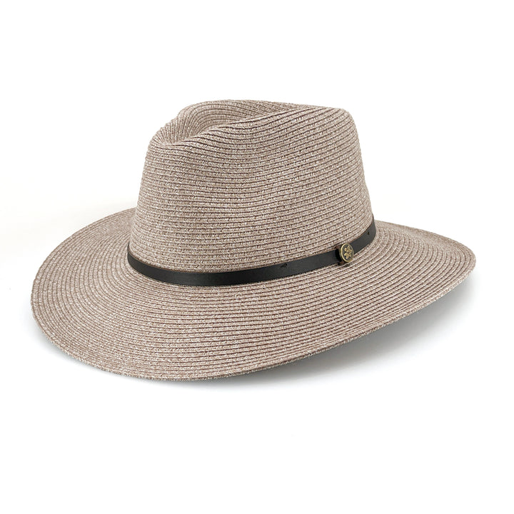 Darby Fedora Hat in wheat colour, angled product view showing structured crown and wide brim