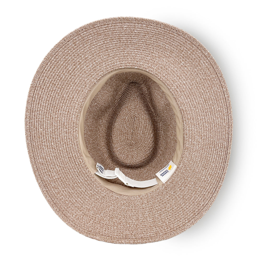Darby Fedora Hat in wheat colour, underside of brim showing interior finish, stitching detail, and built-in size adjuster