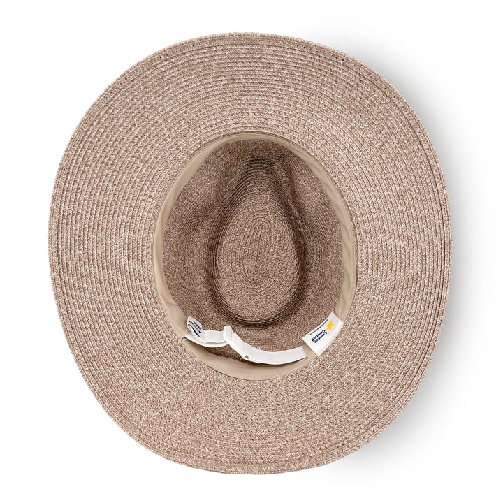 Darby Fedora Hat in wheat colour, underside of brim showing interior finish, stitching detail, and built-in size adjuster