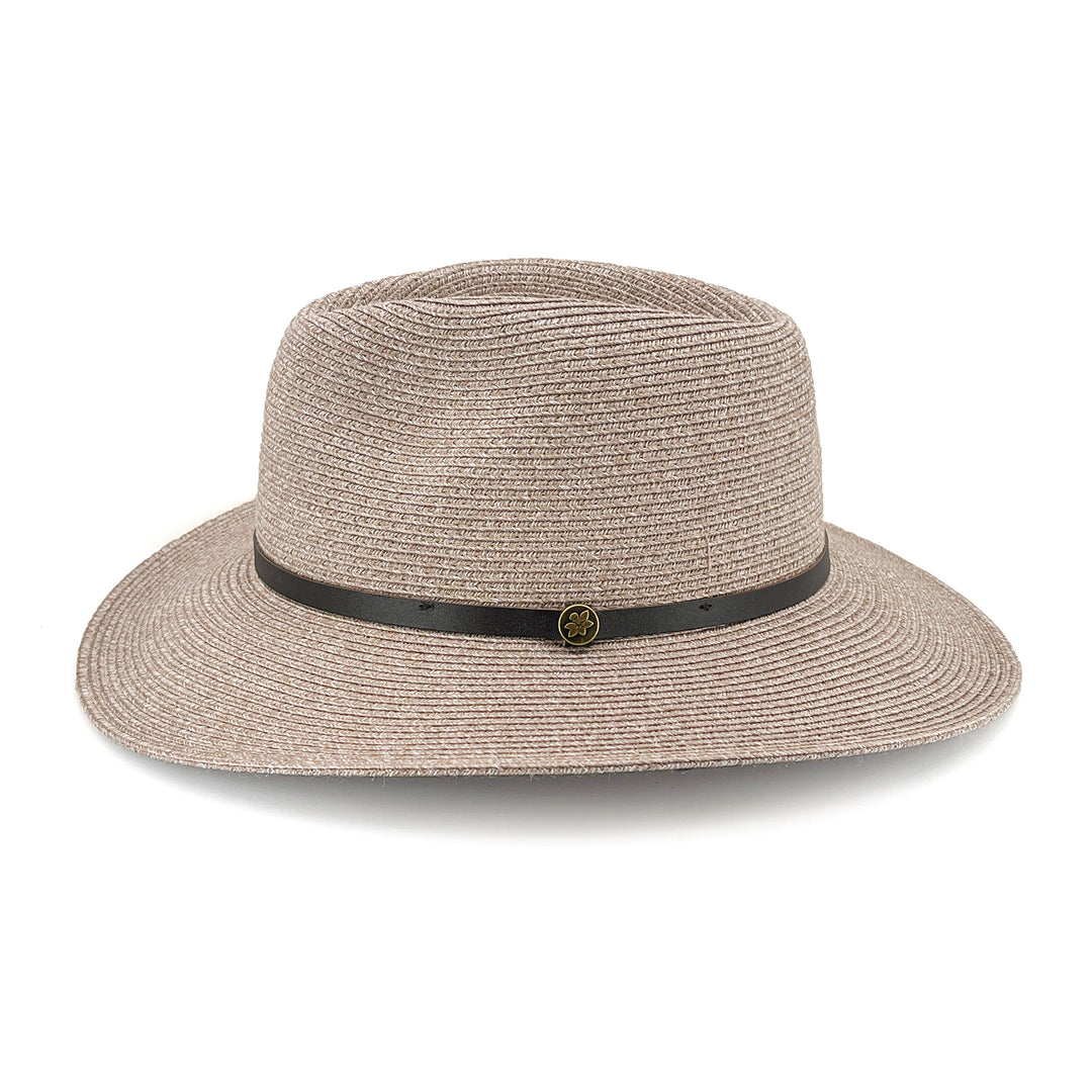 Darby Fedora Hat in wheat colour, side profile showing wide brim coverage and classic fedora silhouette