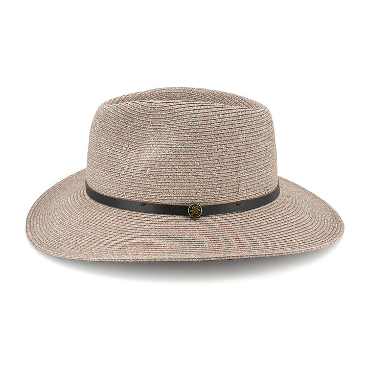 Darby Fedora Hat in wheat colour, side profile showing wide brim coverage and classic fedora silhouette