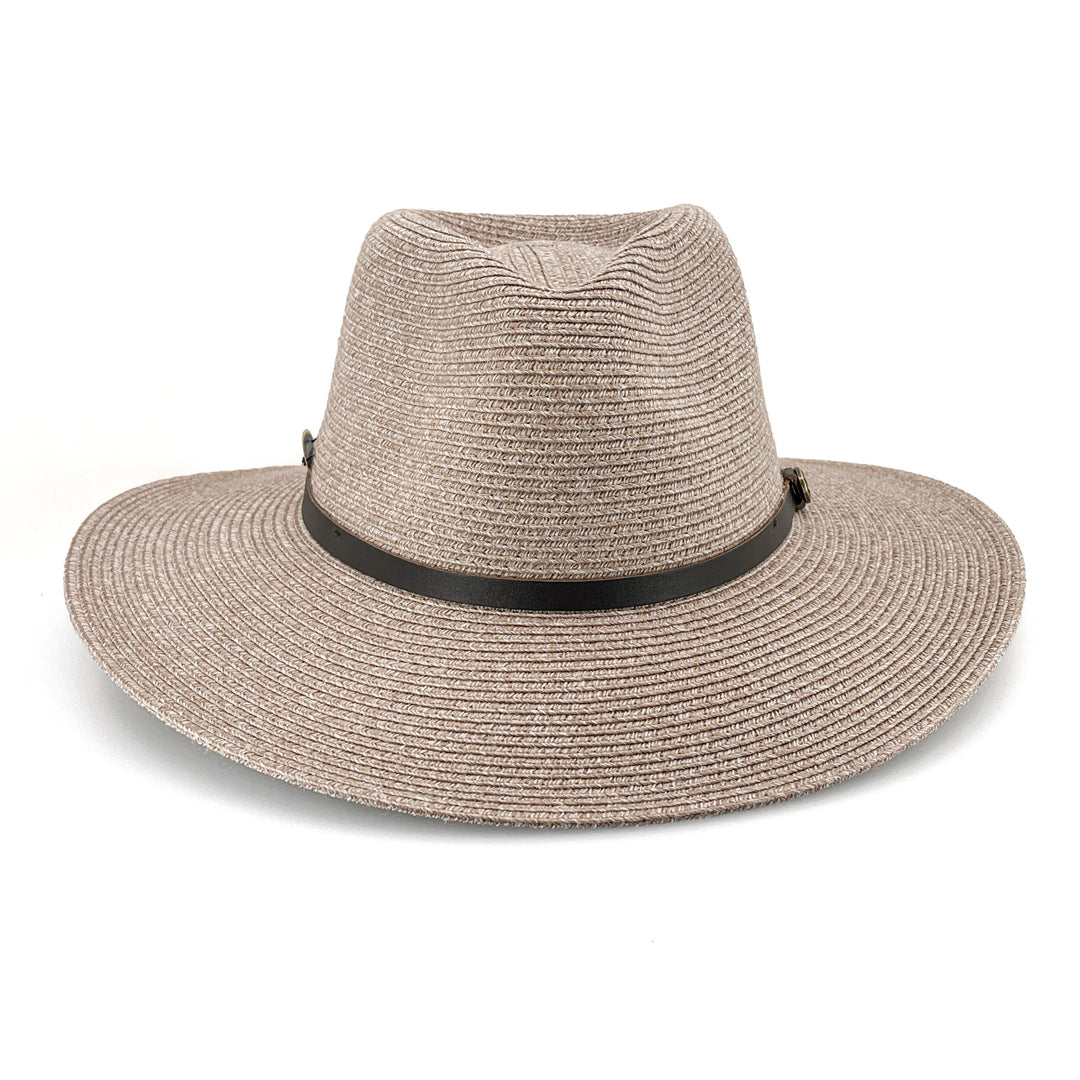 Darby Fedora Hat in wheat colour, front view highlighting defined crown and sun-protective wide brim