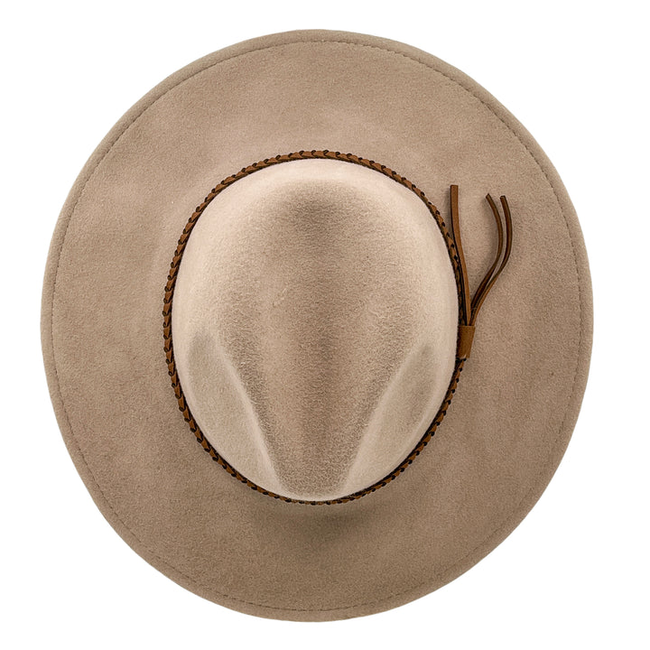 Blake Felt Fedora in mushroom colour, top view displaying crown shape and felt texture