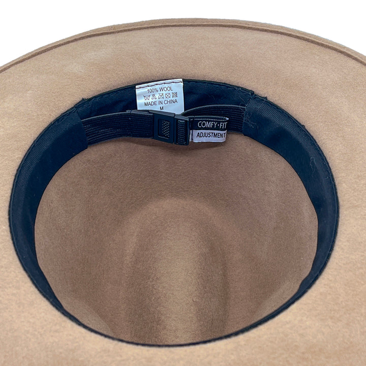 Blake Felt Fedora in mushroom colour, underside of brim showing interior finish and size adjustment